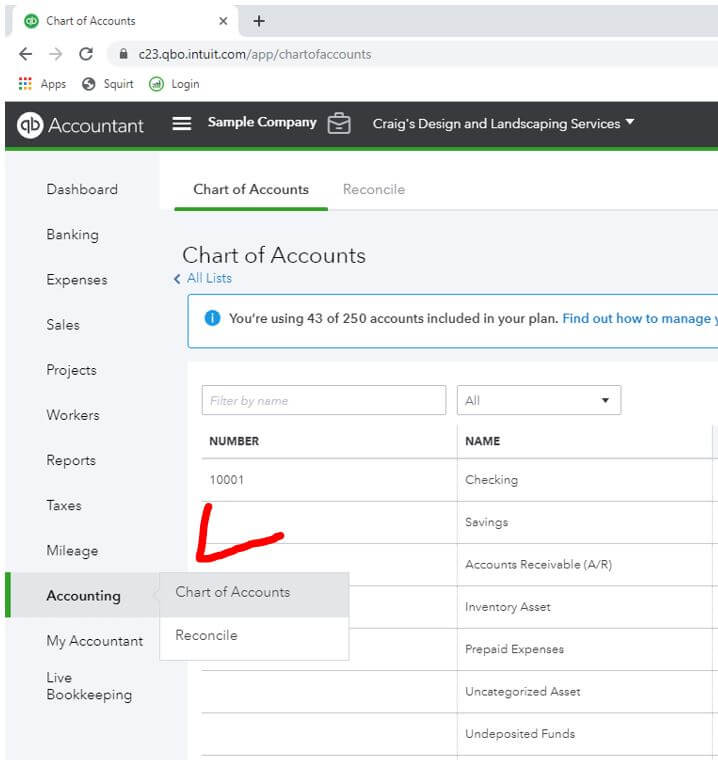 quickbooks online left menu chart of accounts