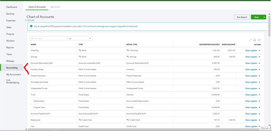 quickbooks online navigate to chart of accounts